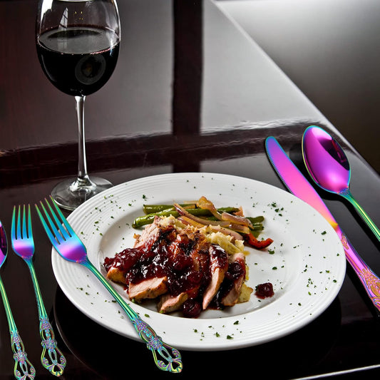 Retro Silverware Rainbow Set for 4 Stainless Steel Flatware 20 Pieces include Knives Spoons Forks With Vintage Relief Design Handle Durable Elegant Festival Parties Kitchen Utensils