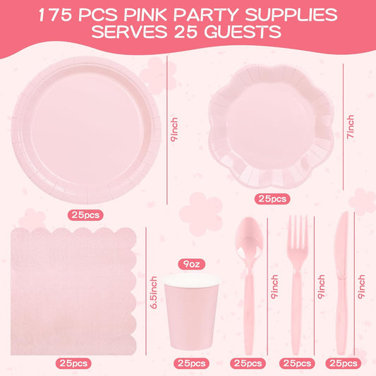 175 Pcs Light Pink Plates Cups and Napkins Set, Pink Scalloped Dessert Plates Party Supplies for 25 Guests Include Disposable Pink Party Plates Napkins Cup Cutlery for Baby Shower Wedding Birthday