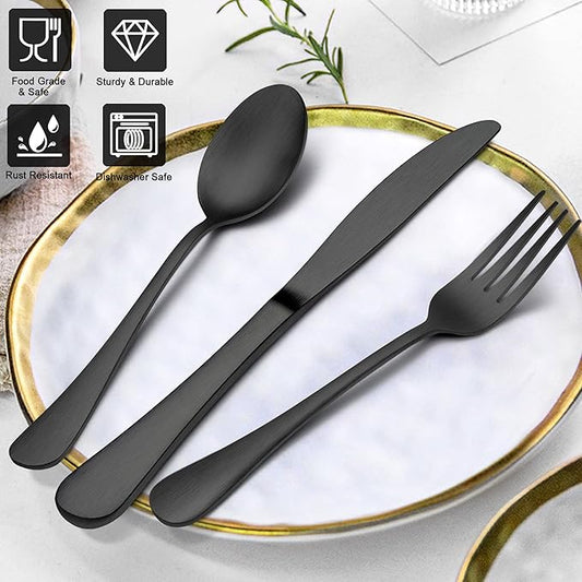 LIANYU 20 Piece Matte Black Silverware Set, Stainless Steel Black Flatware Cutlery Set for 4, Fancy Kitchen Utensil Tableware for Home Restaurant Party, Satin Finish, Dishwasher Safe
