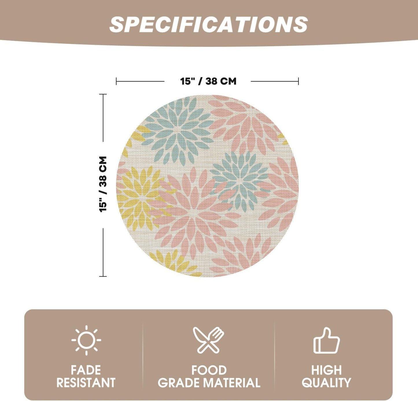 Artoid Mode Floral Vinyl Round Placemats Set of 4, 14 Inch Wipeable Non-Slip PVC Place Mats for Party Kitchen Dining Decor, Pink Blue