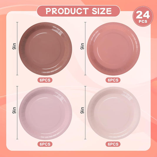 24Pcs Dusty Pink Paper Plates Gradient Pink Party Plate 9 Inch Disposable Round Dinner Plates for Birthday Wedding Baby Bridal Shower Party Supplies Tableware Decor