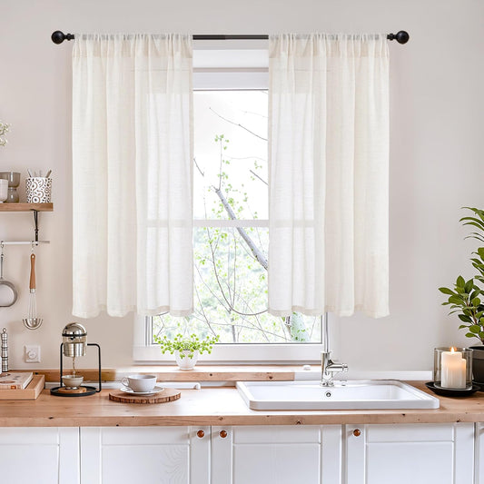 BGment Linen Curtains 40 Inch Length for Kitchen Cafe Window - Rod Pocket Ivory Semi Sheer Drapes Natural Light Filtering for Bedroom Bathroom Lightweight Rustic, 2 Panels Set, 42 X 40 Inch