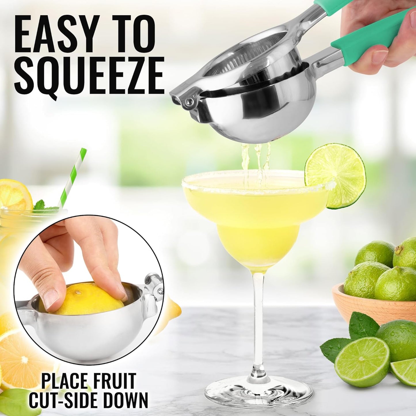 Zulay Kitchen Lemon Squeezer Stainless Steel with Premium Heavy Duty Solid Metal Squeezer Bowl and Food Grade Silicone Handles - Large Manual Citrus Press Juicer and SS Lime Squeezer (Mint)