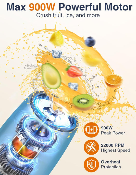 KOIOS Blender for Smoothies, Peak 900W Personal Blender for Kitchen Shakes and Smoothies, with 2×22oz Portable Cups and To-Go Lids, Detachable 4-Leaf Stainless Steel Blade, Nutrition Recipe, Blue