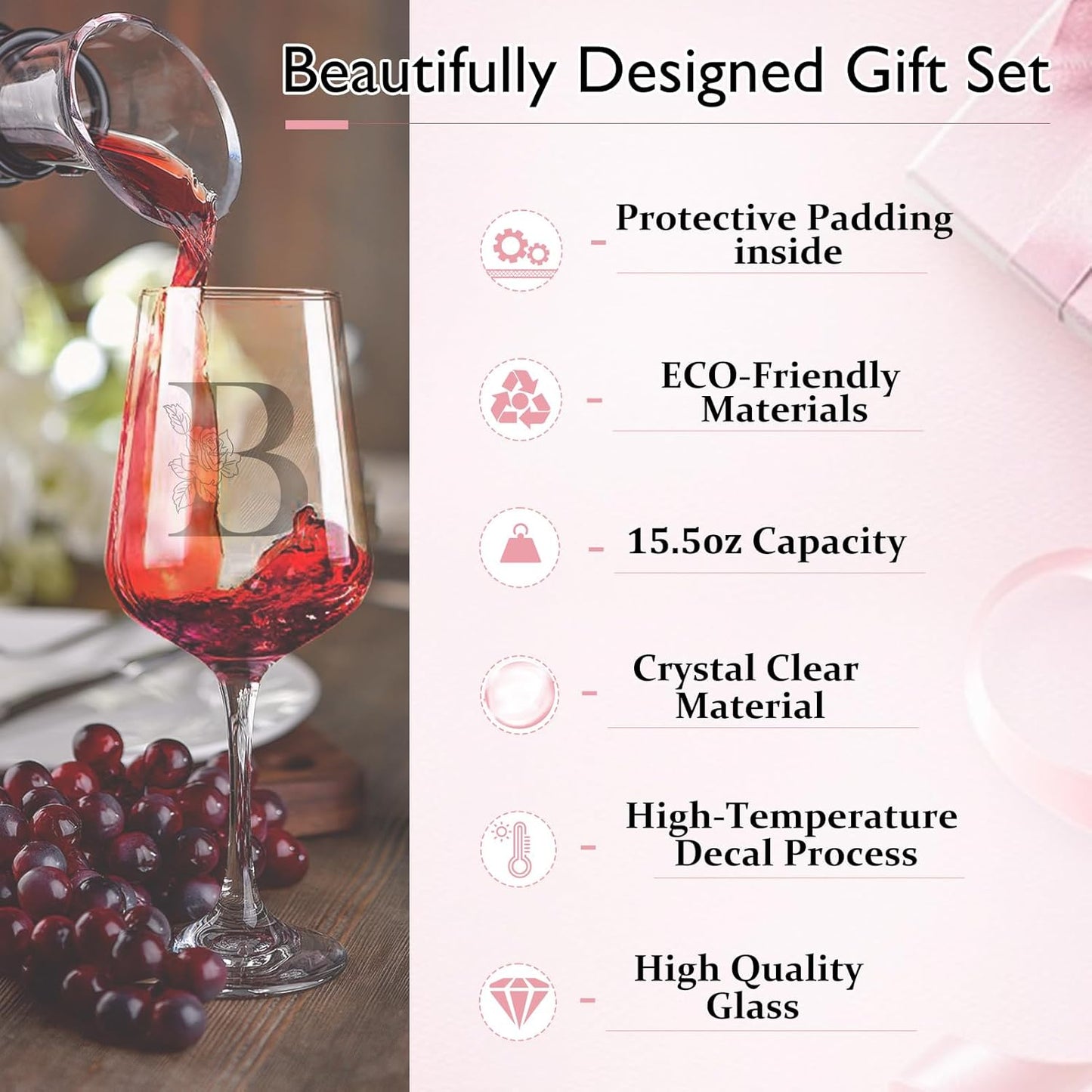 Personalized Wine Glass Gifts for Women, Monogrammed A-Z Wine Glass with Gift Box & Greeting Card, Customized Wine Glasses Initial Wine Glasses Gift for Birthday, Mothers Day, Best Friend, Sister (B)