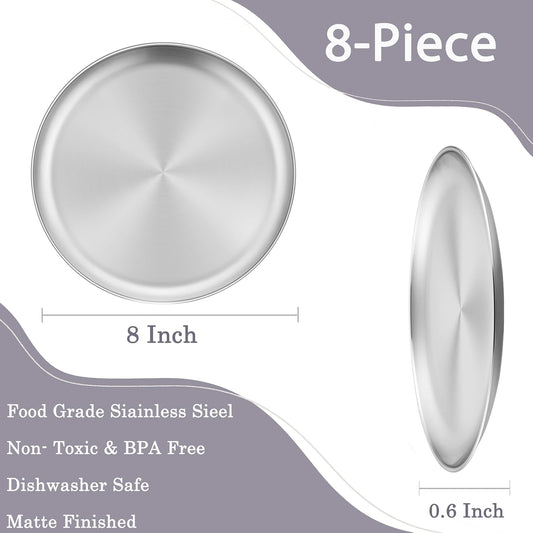8-Piece Stainless Steel Plates, 8 Inch Metal Dinner Dishe Serving Camping Plates, Reusable and Dishwasher Safe