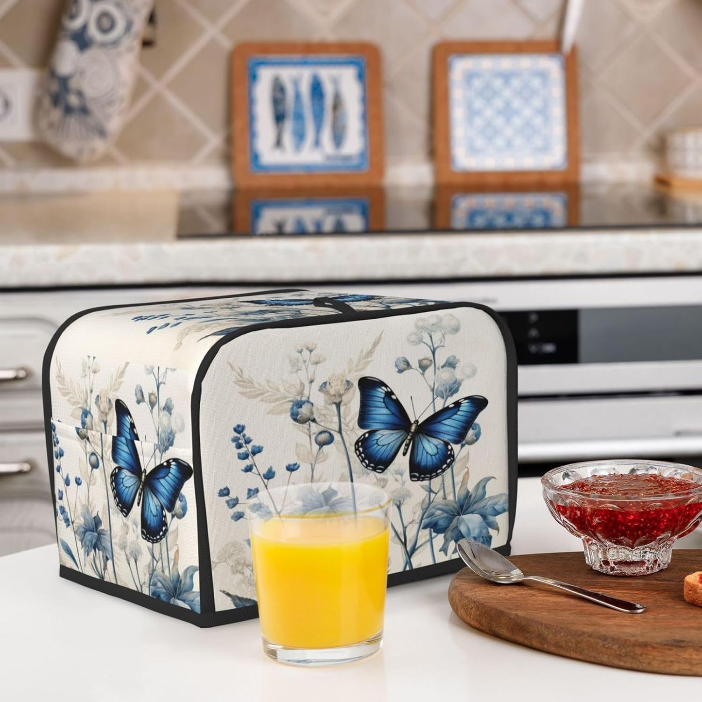 Toaster Cover 2 Slice Butterfly Blue Flower Boho Kitchen Small Appliance Covers with Pockets Dust and Fingerprint Protection