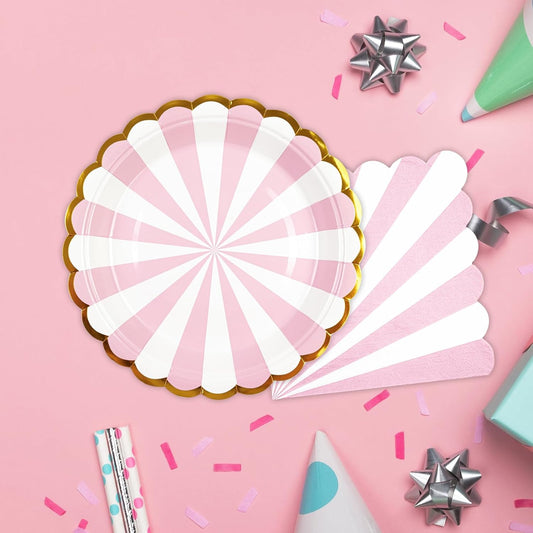 50PCS Pink Striped Paper Plates and Napkins Party Supplies, 7 inch Disposable Gold Foil Scalloped Dessert Plate Party Dinnerware Set for Birthday Wedding Bachelorette Baby/ Bridal Shower Decorations