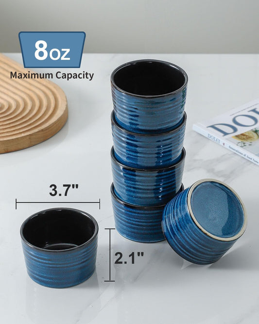 Ramekins 8 oz Oven Safe,Set of 6 Ceramic Souffle Dish Oven Safe for Creme Brulee,Porcelain Creme Custard Cups for Pudding,Creme Brulee,Serving Dip, Custard,Ice Cream,Dishwasher Safe,Blue