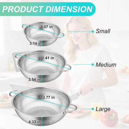 3-Piece Stainless Steel Colander Set with Handles - 5Qt/3Qt/1Qt Nesting Strainers for Pasta, Veggies, Fruit Drainage, Durable Micro-Hole Mesh for Fast Water Flow