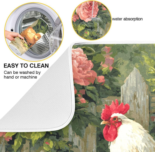 Farm Chickens Rooster Dish Drying Mat for Kitchen Counter Super Absorbent Dishes Pad Reversible Microfiber Protector Dish Draining Mats 16x18 inch