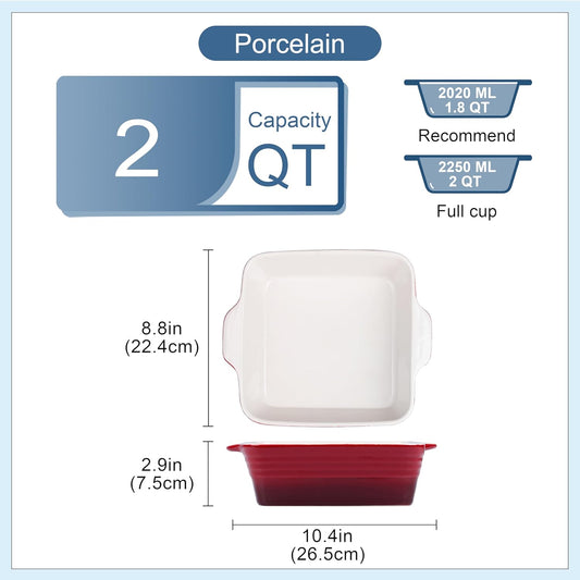 LOVECASA 8x8 inch Baking Pan, 2 Quart Square Cake Pan Baking Dish for Oven, Stoneware Brownie Pan Non-Stick, Casserole Baking Pan with Handle,Ceramic Bread Pans for Baking, Red