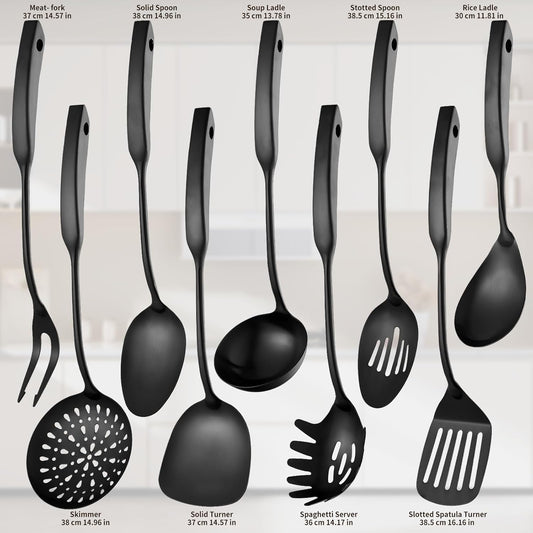 9PCS Silverware Set for 304 Stainless Steel Kitchen Utensils Set Cooking Utensil Set, 15 Inches All Metal Cooking Tools Wok Kitchen Cookware Set with Spatula Useful Pots and Pans Accessories