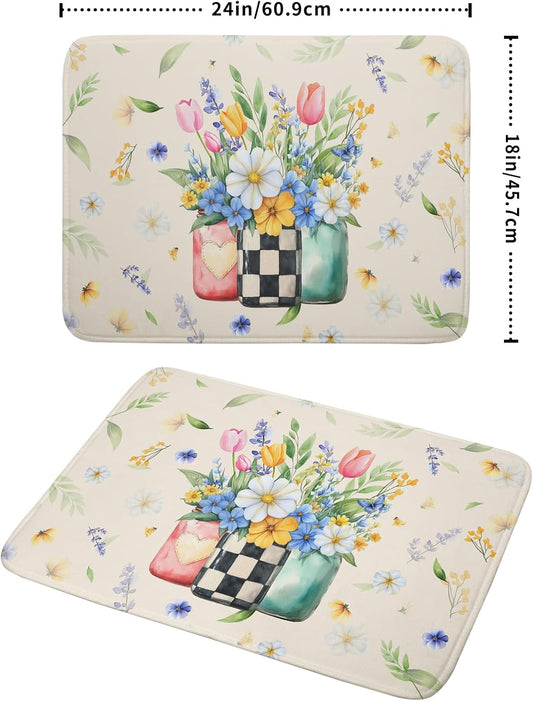 Giwawa Spring Flower Vases Dish Drying Mat for Countertop, 18"x24" Watercolor Floral Mason Jar Dish Drainer Mats, Wildflower Botanical Fast Dry Microfiber Large Dish Drying Pad Decoration