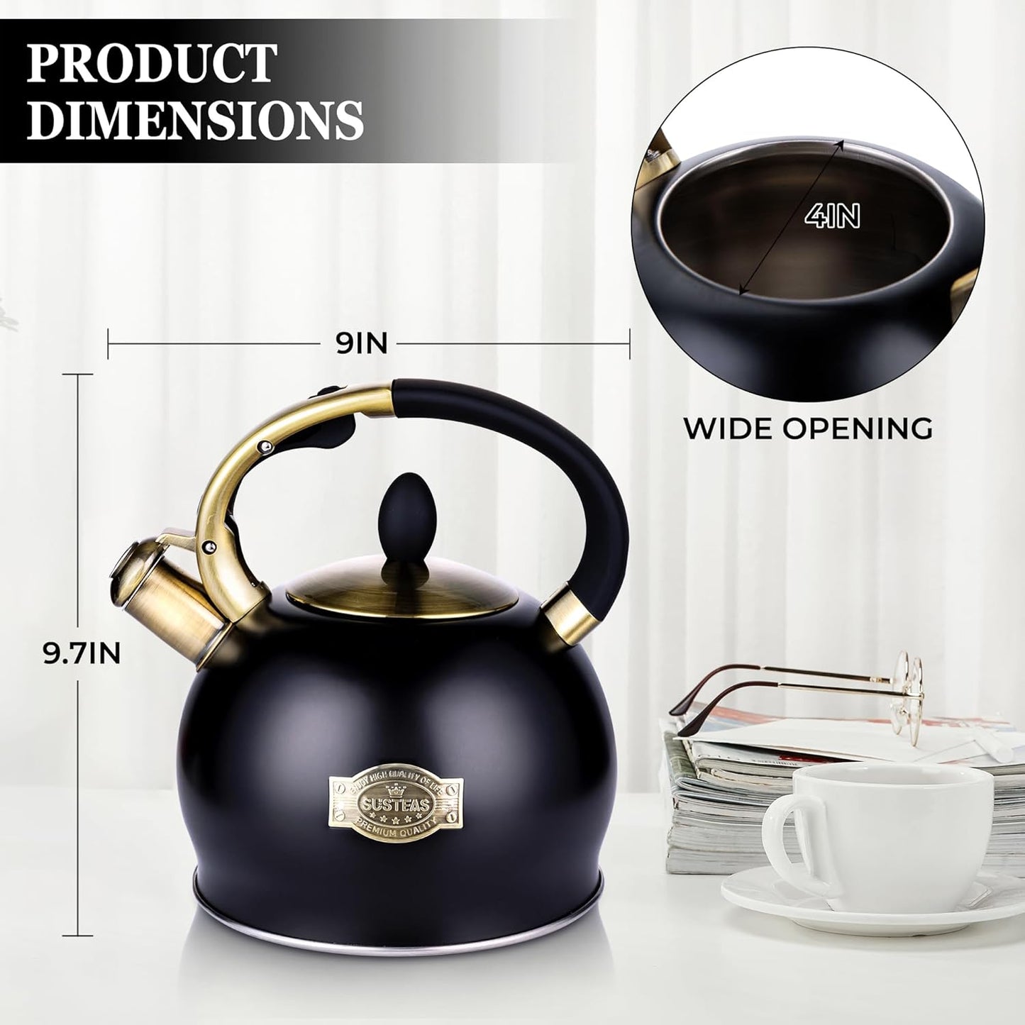SUSTEAS Stove Top Whistling Tea Kettle - Food Grade Stainless Steel Teakettle Teapot with Cool Touch Ergonomic Handle, With 1 Silicone Pinch Mitt Included, 2.64 Quart(BLACK)
