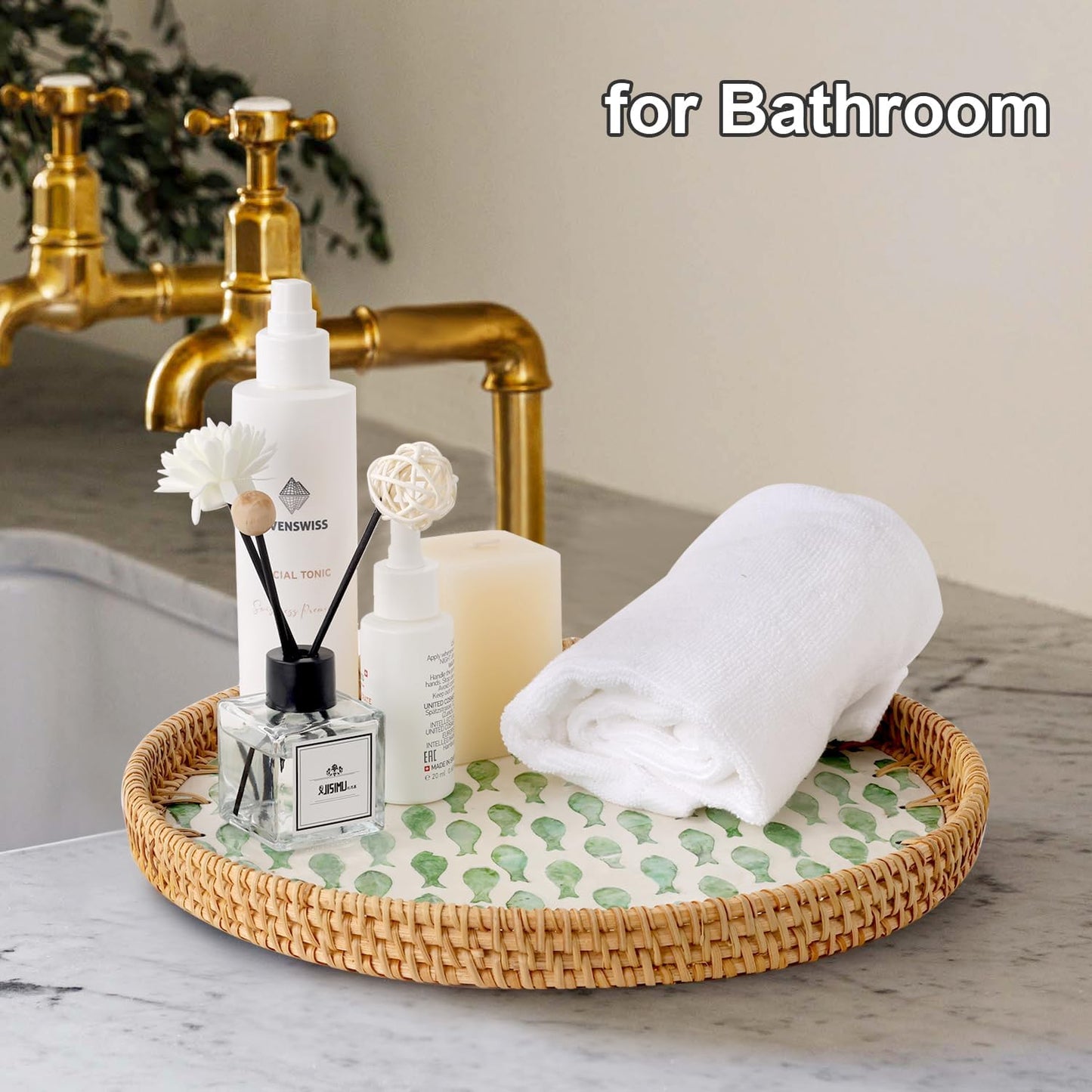 Round Rattan Tray with Mother of Pearl Inlay, Rattan Serving Tray for Coffee, Bread, Fruits, Decorative Wicker Tray for Table Decor, Home Decor, Kitchen Island Decor (Round Green Fish, 11.8")