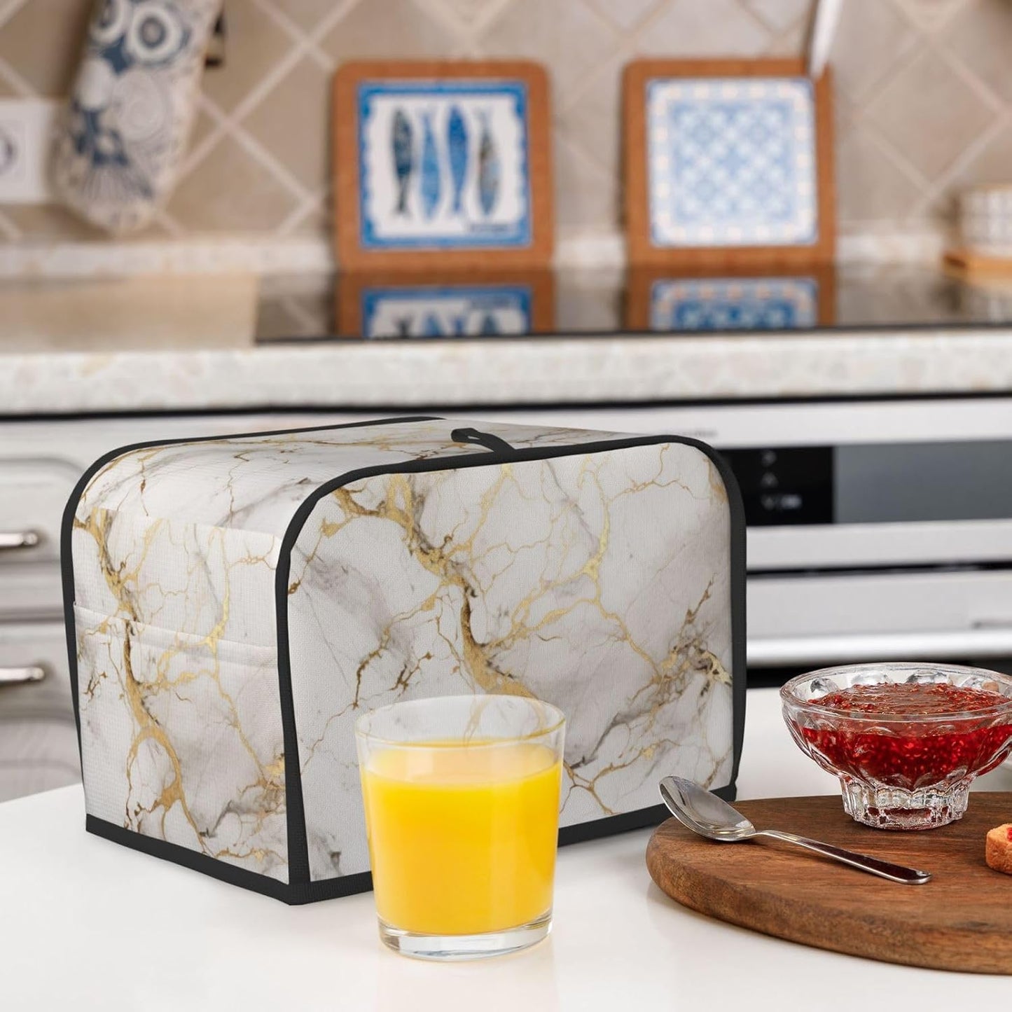 Toaster Cover 2 Slice Marble Gray Gold White Kitchen Small Appliance Covers with Pockets Dust and Fingerprint Protection