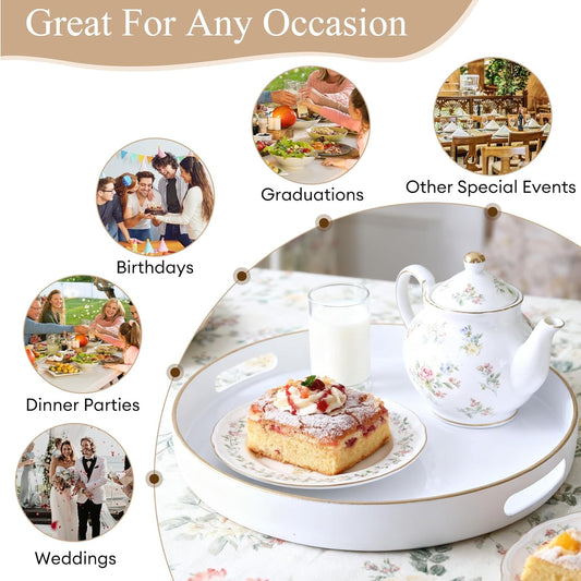 Zosenley Decorative Tray, Round Plastic Tray with Handles, Modern Vanity Tray and Serving Tray for Ottoman, Coffee Table, Kitchen and Bathroom, Size 13” (White)