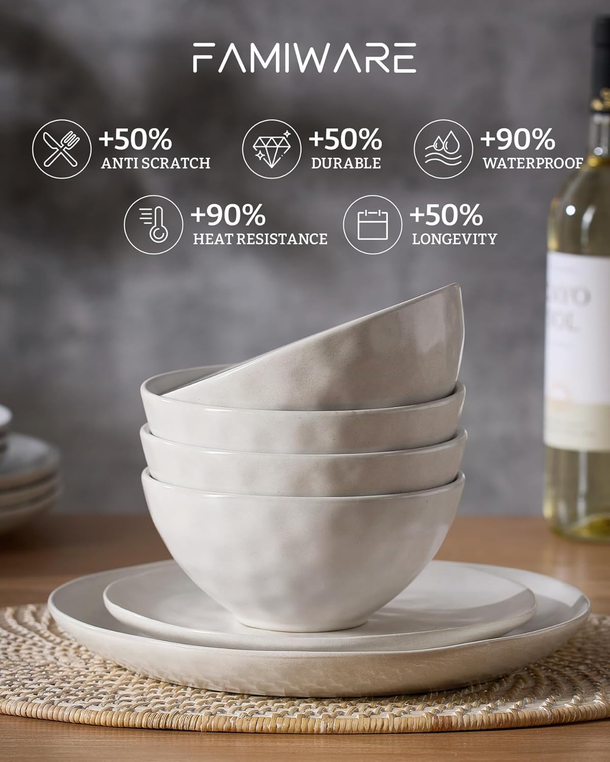 Famiware Dinnerware Sets for 8, Ocean Round 24-Piece Kitchen Plates and Bowls Sets, Microwave and Dishwasher Safe, Scratch Resistant, Matte White