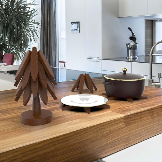 Wooden Trivets for Hot Dishes, Tree Shape Trivet Set, 4 Wooden Trivets+1 Stand, Natural Foldable Kitchen Wooden Trivet for Hot Dishes, Pot, Bowl, Teapot, Hot Pot Holders