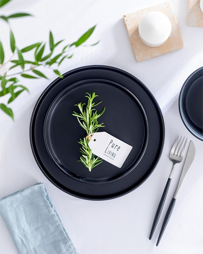 Stoneware dinnerware set 8 persons 24 pcs – Ultra chic matte black plates and bowls set – Dishwasher and microwave safe – Bowl and plate set – Dinner service Pure Living
