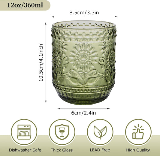 Glass Cups, Vintage Glassware Drinking Glass Set of 4, 12oz Colored Glassware with Sunflower Design, Embossed Floral Decorative Glasses Drinking Set for Beverage, Vintage Drinking Glasses (Green)
