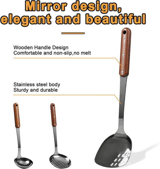 FJNATINH Stainless Steel Wok Spatula,Ladle,Skimmer Ladle Tool Set,Mirror Polished Cooking Utensils with Wooden Handle,Easy to Clean Wok Accessories,Black 3 PCS