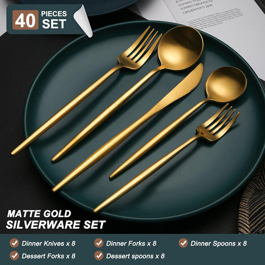 40 Pieces Matte Gold Silverware Set, Stainless Steel Gold Flatware Set for 8, Satin Finish Spoons and Forks Silverware Set, Gold Cutlery Utensils Set, Dishwasher Safe