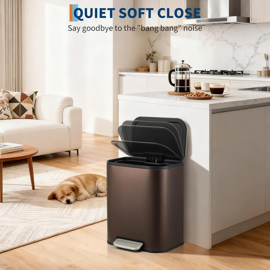 Trash Can for Kitchen, 5.3 Gallon Stainless Steel Garbage Can with Soft-Close Lid, Rectangular Trash Can with Step-On Pedal and Inner Bucket for Home Office Bathroom Living Room, Brown
