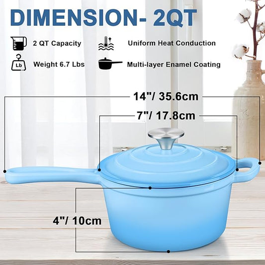 Enameled Cast Iron Sauce Pan with Lid, Leonyo 2 Quart Saucepan with Lid, Enamel Cast Iron Dutch Oven for All Cooktops Making Pasta Sauce, Milk, Oatmeal - Up to 500°F & 6.7Lbs, Lake Blue