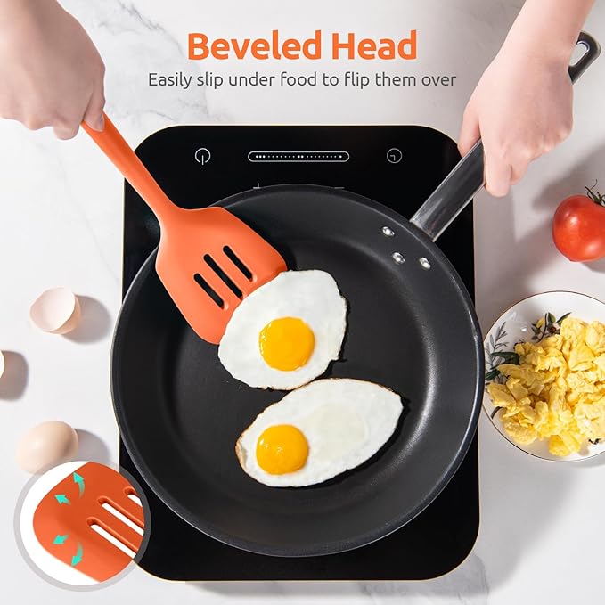 600ºF Heat Resistant Slotted Turner: U-Taste 13.6in Silicone Kitchen Spatula Flipper, 3.74in Wide Food Grade Flexible Thin Rubber Cooking Utensil for Egg, Pancake, Cookie in Nonstick Cookware (Orange)