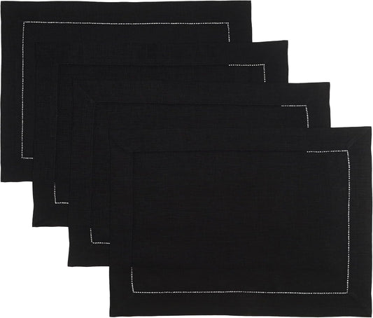 D'Moksha Homes Linen Placemats Set of 4 - Classic Hemstitch Black Placemats 14 x 19 Inch - 100% Pure Linen Table Mats for Fall, Autumn and Halloween - Handcrafted and Machine Washable