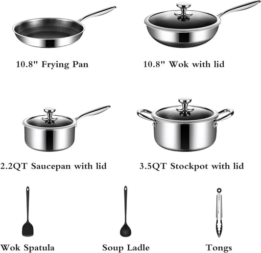 Non Stick Pots and Pan Set, 10 Pcs Hybrid Stainless Steel Cookware Set with Lids, Kitchen Skillet, Stock Pot, Nonstick Frying Pan, PFOA-free Kitchen Cooking Utensils,Induction,Dishwasher Safe