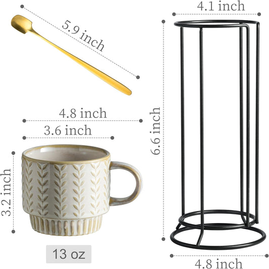 Coffee Mugs Set of 4 with Spoons & Stand, Stackable Espresso Cups 13oz Coffee Mug for Drinks Latte Cappuccino Tea, Coffee Cup for Women Men Couples Housewarming Birthday Gift, Dishwasher Safe