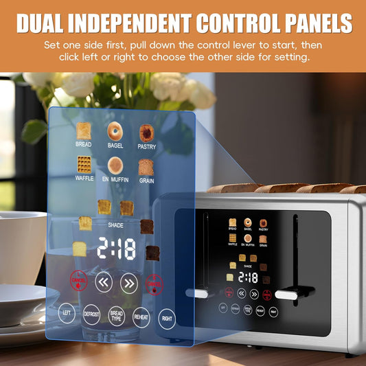 whall 4 Slice Touch Screen Toaster, Stainless Steel Toasters Digital Timer, Dual Control Panel Toasters,6 Shade Settings&6 Bread Types, Smart Wide Slots, Bagel, Cancel, Defrost,Silver