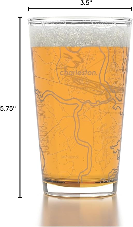 Well Told Engraved Charleston South Carolina Map Pint Glass, Etched Beer Gift (16 oz, Clear) City Map Pint, Custom City Glassware, Gifts For Beer Lovers