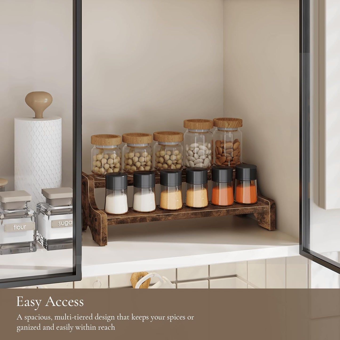 Wood Display Stand, 2 Tier Perfume Organizer Display Riser Cupcake Stand, Tiered Step Shelf Countertop Spice Storage Holder for Kitchen Pantry Cabinet, Rustic Brown