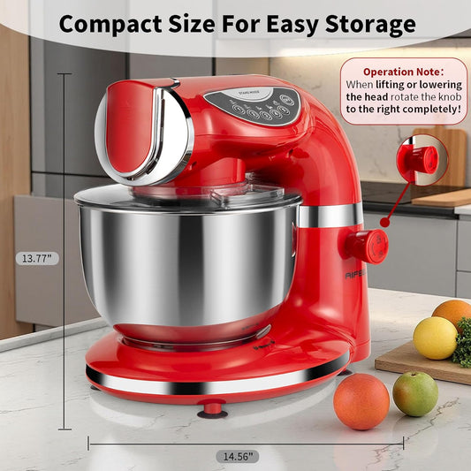Aifeel Stand Mixer, 8.5QT+ 6QT Two Stainless Steel Bowls Electric Food Mixer, 7 in 1 Multifunctional Kitchen Mixer with Dough Hook, Whisk, Beater, Meat Grinder,Pasta & Cookie Maker-Red