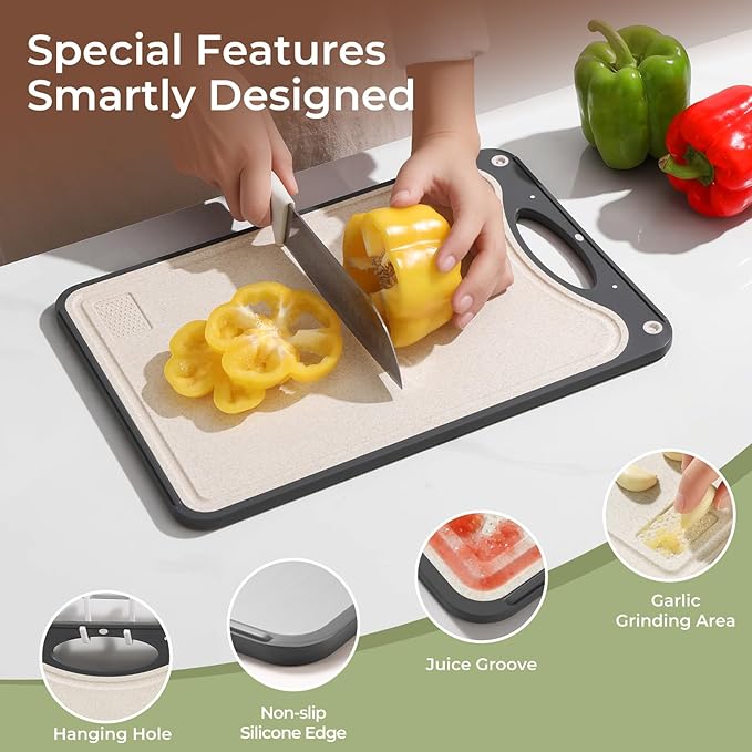 Titanium Cutting Board 15x10 Inch, Single Board Double Sided Chopping Board for Kitchen, Hygienic and Food Grade Pure Titanium & Wheat Straw Surface, Easy to Clean