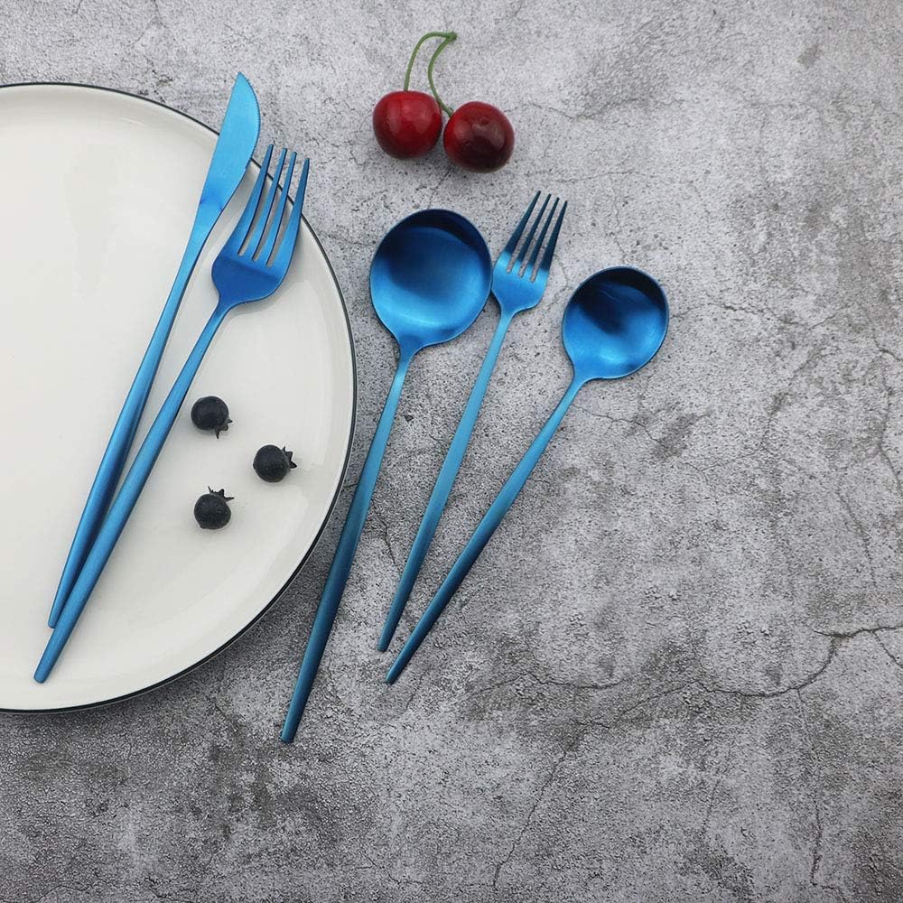 JASHII Flatware Silverware Set Stainless Steel Satin Finish Cutlery Set Service for 6, 30-Piece Spoons And Forks Kitchen Utensil Set, Dishwasher Safe (Matte Blue)