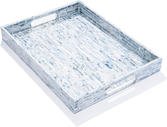 CLAYNIX Serving Tray 12.5 Inch, Wooden Lacquer Tray with Mother of Pearl Inlay, Elegant Tea & Breakfast Tray with Handles (Rectangle)