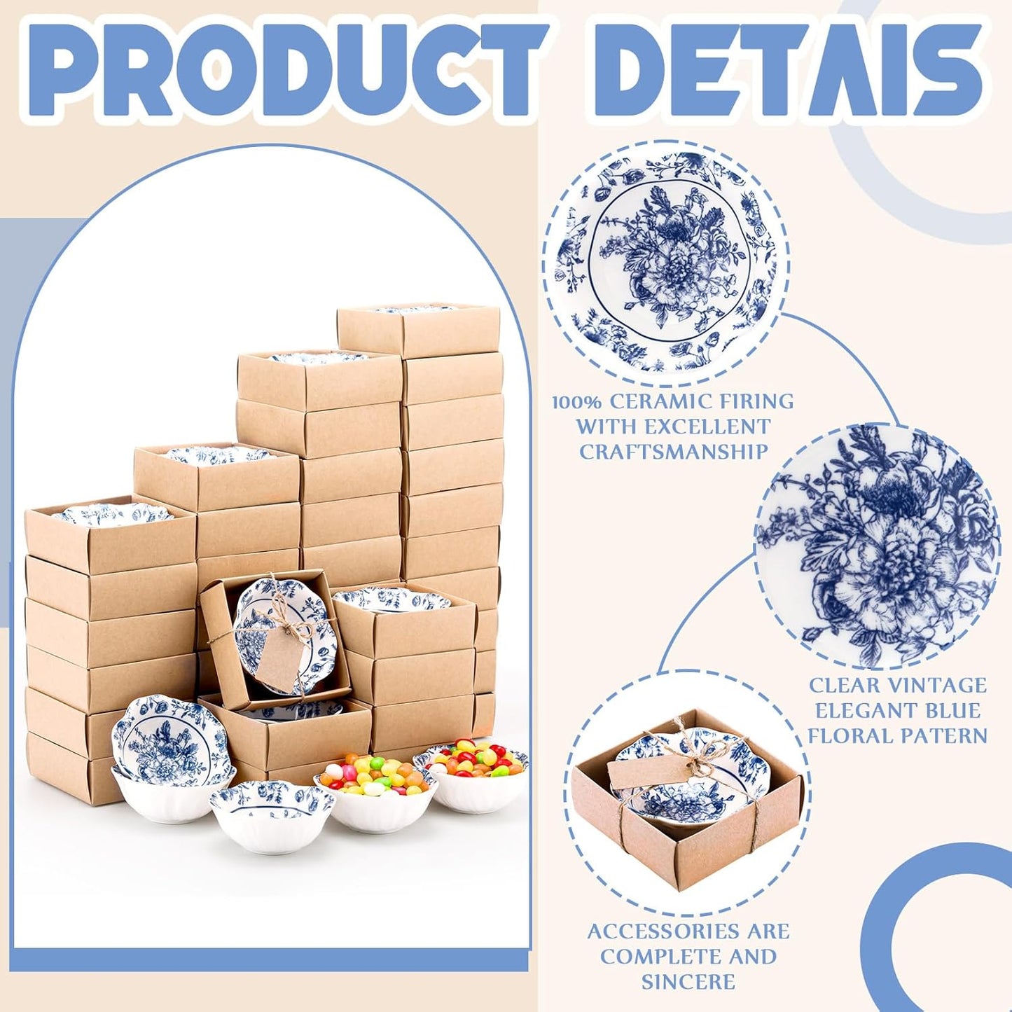 48 Pcs Wedding Favors for Guests Small Ceramic Bowl Bulk Gifts Set 3.3 Inch Floral Design Mini Dipping Bowl Sauce Dish with Cards Box for Bridal Baby Shower Birthday Guest Gift (Blue)