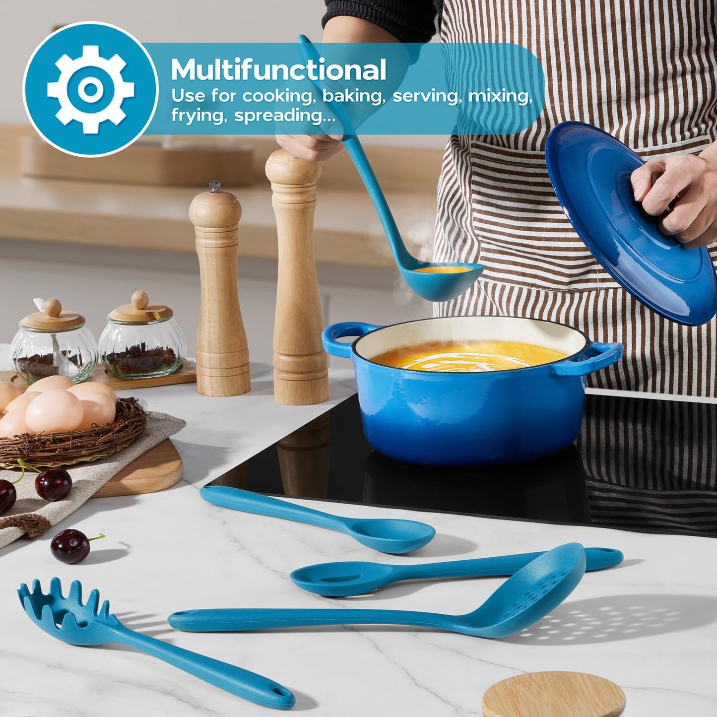 Onader Navy Blue Kitchen Utensils Set, Silicone Cooking Utensils Set of 10 with Turner Spoon Spatula Whisk Pasta Server, Dishwasher Safe