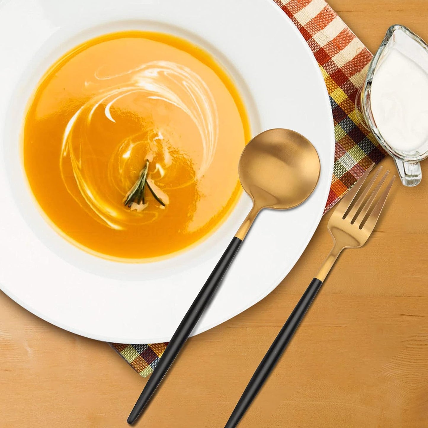 Matte Gold Silverware Set with black handle, Vanys 30 Piece Stainless Steel Cutlery Flatware Set, Kitchen Utensil Sets for 6, Tableware With Knife Spoons And Forks Set, Satin Finished Polished