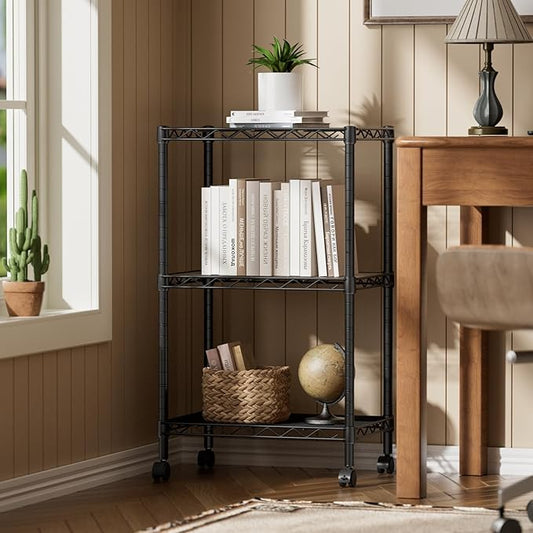 SINGAYE 3 Small Shelves Storage Shelf Wire Shelving Unit Metal Shelf Adjustable Organizers Storage Shelving with Wheels for Bathroom Laundry Room Kitchen Pantry11.5”D x 17.3”W x 30”H Black