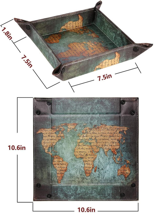 siduater Valet Tray Desktop Storage Organizer, Vegan Leather Catchall Bedside Vanity Tray Nightstand Caddy Holder for Remote Controller, Watch, Keys, Phone, Wallet, Sunglasses, Jewelry - Map