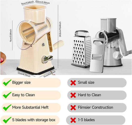 Xilrvna RotaryCheese Grater,VegetableShredder 5 in 1 Cheese Grater with HandleedderReinforcedSuction,EasytoClean,KitchenChopperforCrushedIce,Fruits and Nuts with Blade Storage Case(White