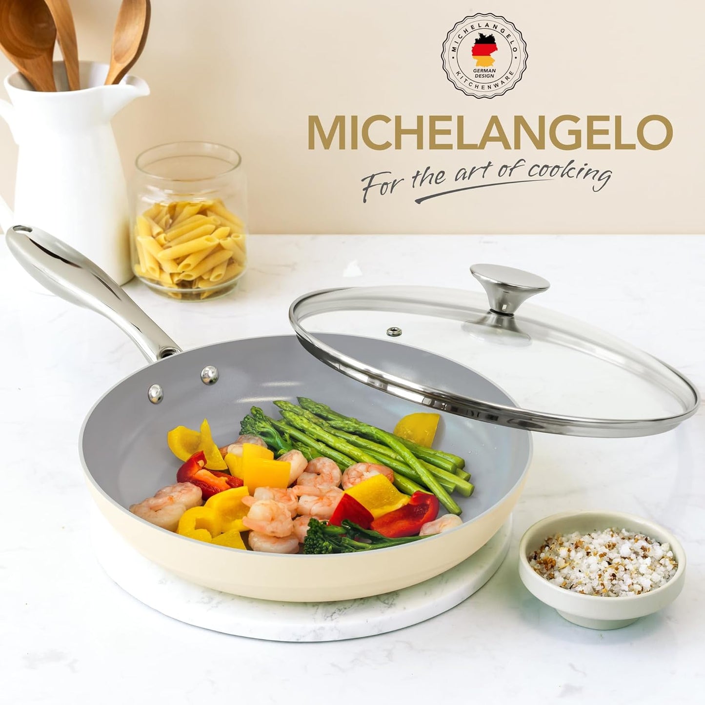 MICHELANGELO Frying Pans Nonstick with Lid - 8 Inch Small Frying Pan, Non Toxic Ceramic Pan with Lid, Non Stick Small Skillet for All Stovetops, Beige
