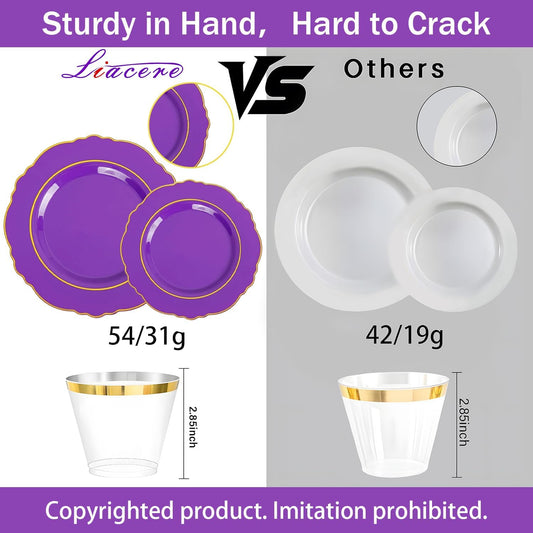 Liacere 350PCS Purple Plastic Plates-Disposable Purple and Gold Plates 50 guest Baroque Plastic Dinnerware include 100Plates,50Pack Pre Rolled Napkins with Silverware 50Cups for Halloween