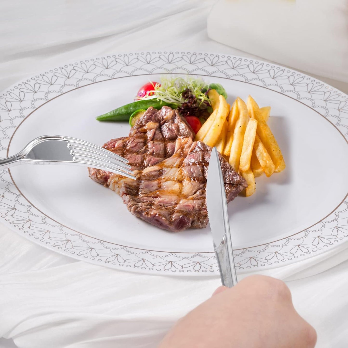 Pre Rolled Plastic Cutlery - Silver Disposable Plastic Silverware, 100 Pack Wrapped Silverware, Disposable Rolled Utensils with 100 Forks Knives Spoons Dinner Napkins for Party